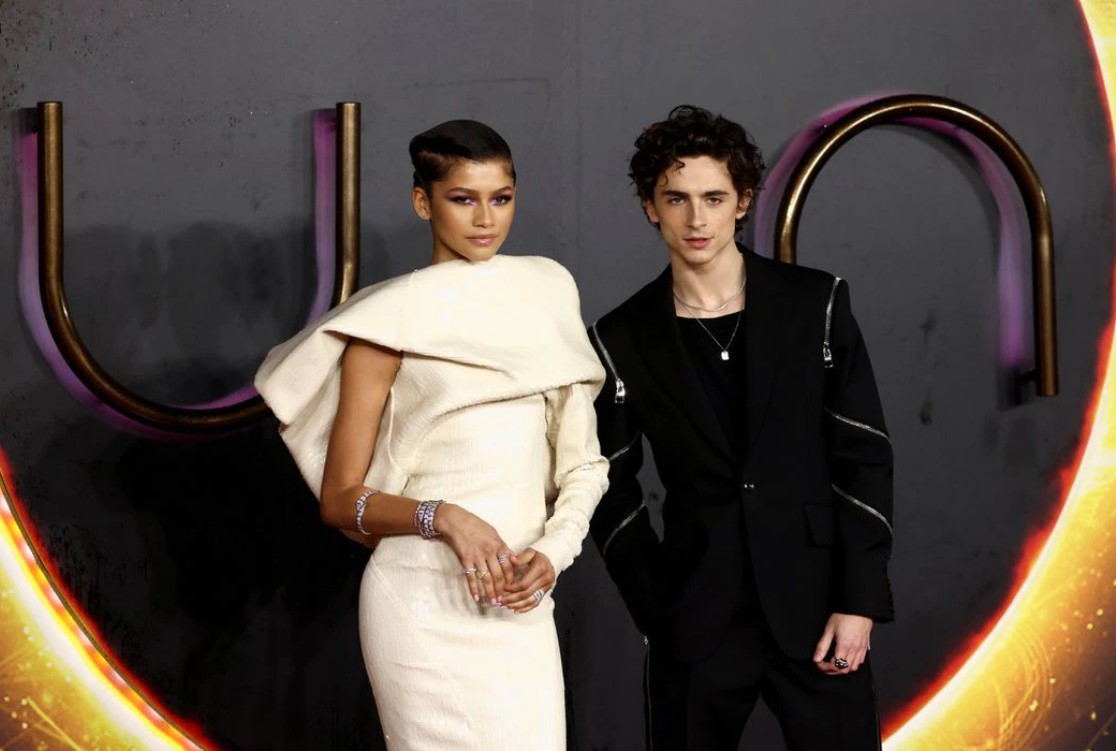 Cast members Zendaya and Timothee Chalamet pose as they arrive for a UK screening of the film "Dune" in London on Oct. 18, 2021.