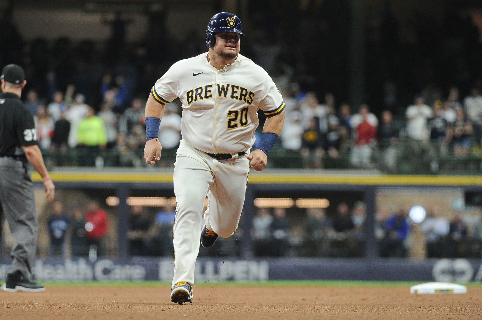 Milwaukee Brewers first baseman Daniel Vogelbach (20) runs to third base against the St. Louis Cardinals in the eighth inning at American Family Field in Milwaukee, Wisconsin on Sept. 21, 2021.