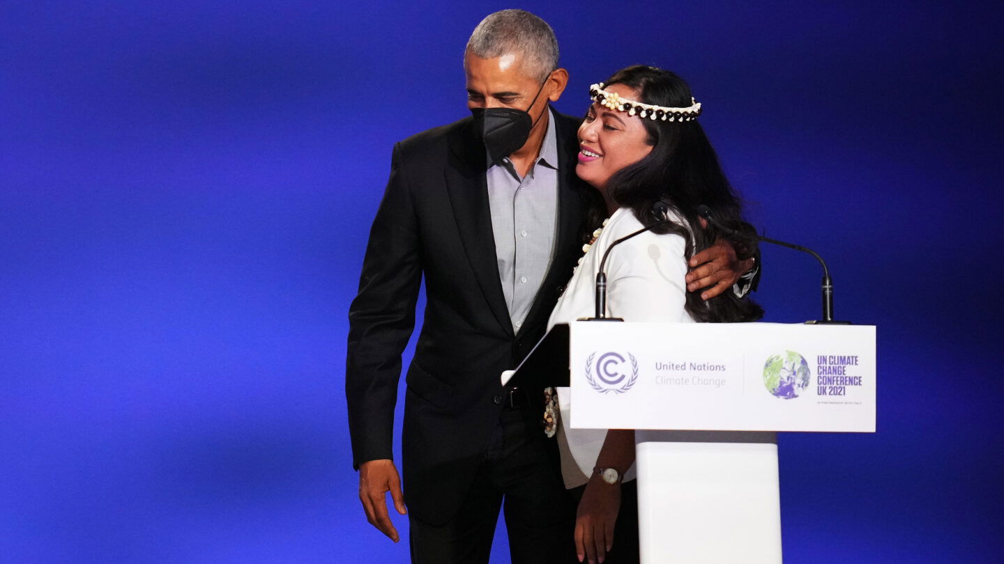 Former President Barack Obama with Rep. Sheila Babauta at the 26th United Nations Climate Change Conference of the Parties or COP26 in Glasgow, Scotland on Monday.