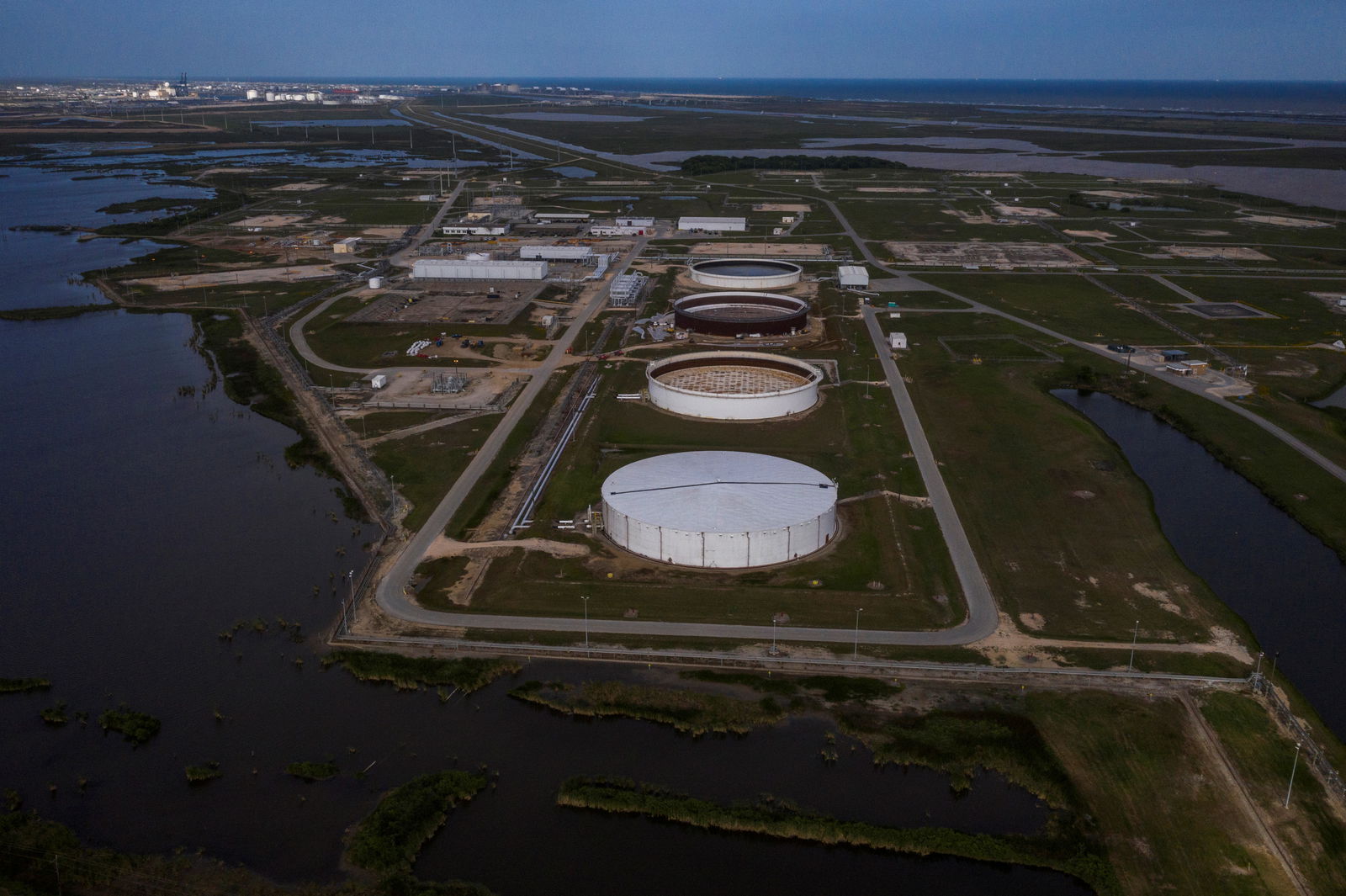 The Bryan Mound Strategic Petroleum Reserve, an oil storage facility, is seen in this aerial photograph over Freeport, Texas, April 27, 2020.