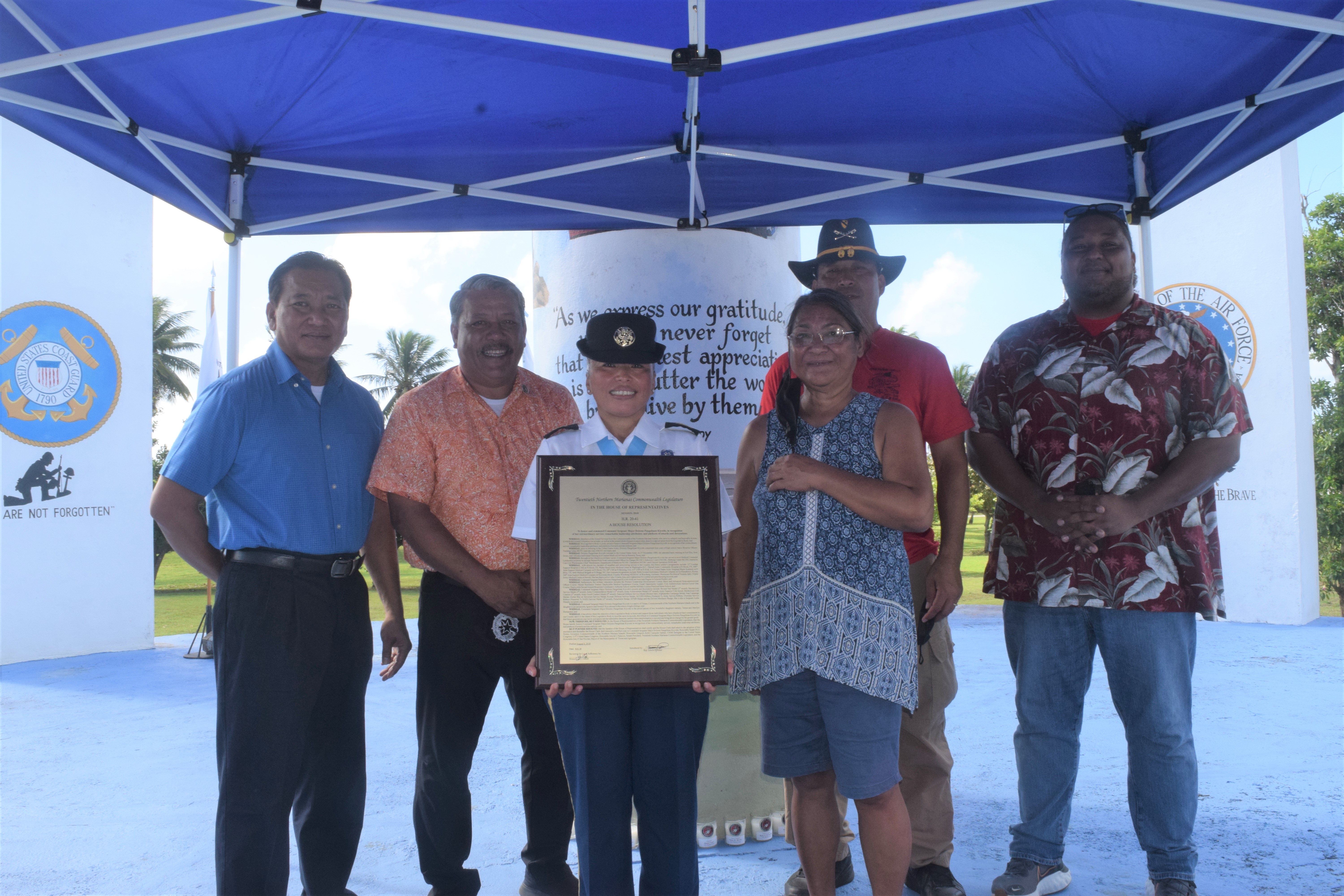 The Tinian and Aguiguan leadership presented a House resolution and a plaque of recognition to retired CSM Dolores P. Kiyoshi for her 30 years and two months of service. Kiyoshi was also the keynote speaker for this year's Veterans Day ceremony on Tinian.