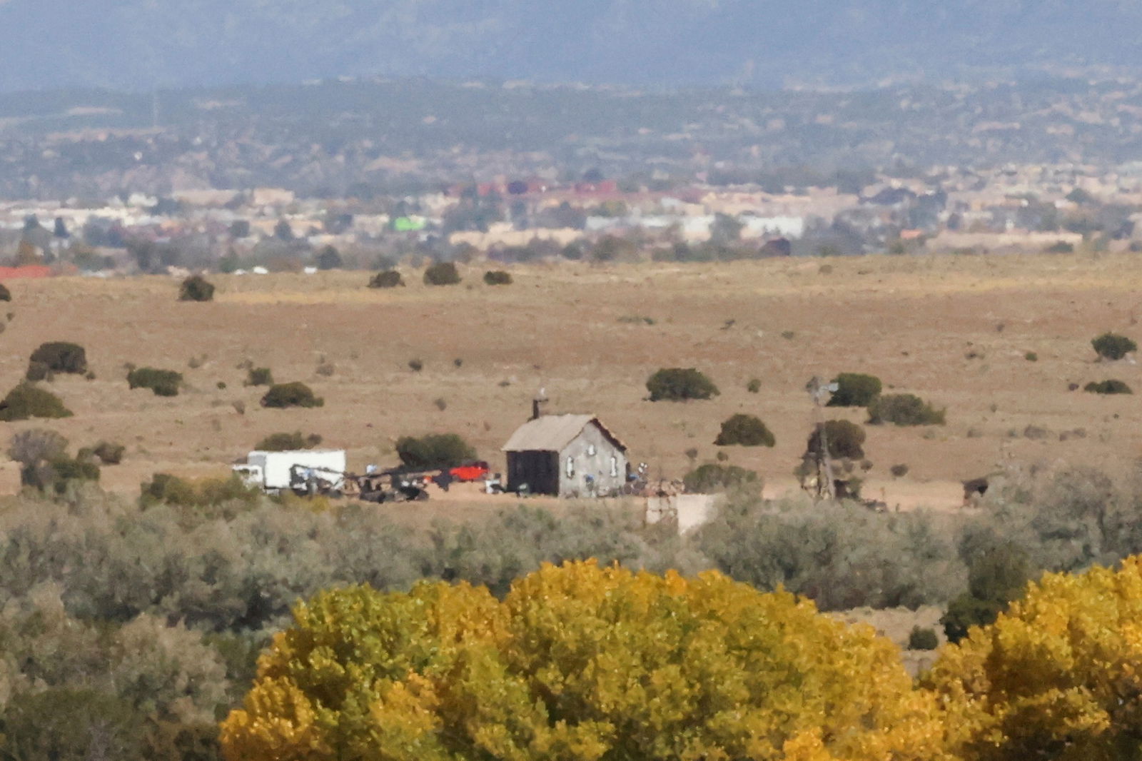 The film set of "Rust" where Hollywood actor Alec Baldwin fatally shot a cinematographer and wounded a director when he discharged a prop gun, is seen from a distance, in Santa Fe, New Mexico, Oct. 23, 2021.