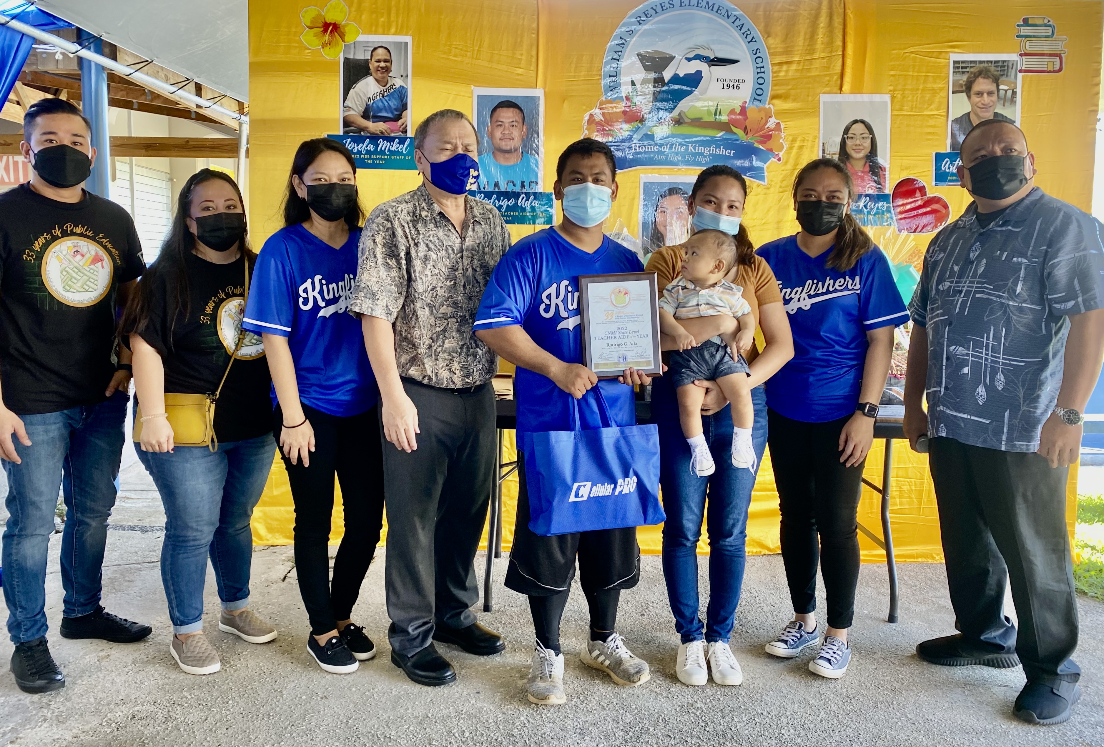 William S. Reyes Elementary School’s Rodrigo G. Ada is the 2022 CNMI PSS State Teacher Aide of the Year. With him are PSS and BOE officials, WSR principal Dr. Lynn Mendiola and vice principal Jocelyn Manibusan.