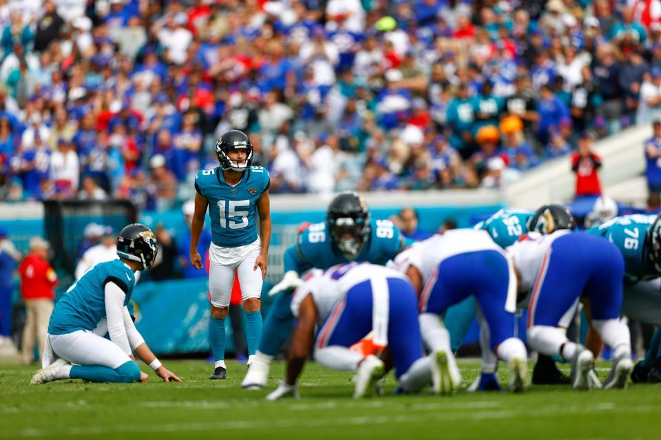 Jacksonville Jaguars kicker Matthew Wright (15) looks to kick a field goal in the first half against the Buffalo Bills at TIAA Bank Field in Jacksonville, Florida on Nov. 7, 2021.
