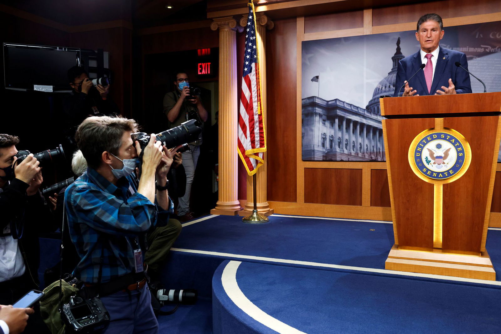 U.S. Sen. Joe Manchin, D-WV, arrives to deliver remarks to reporters at the U.S. Capitol in Washington, D.C. Nov. 1, 2021.