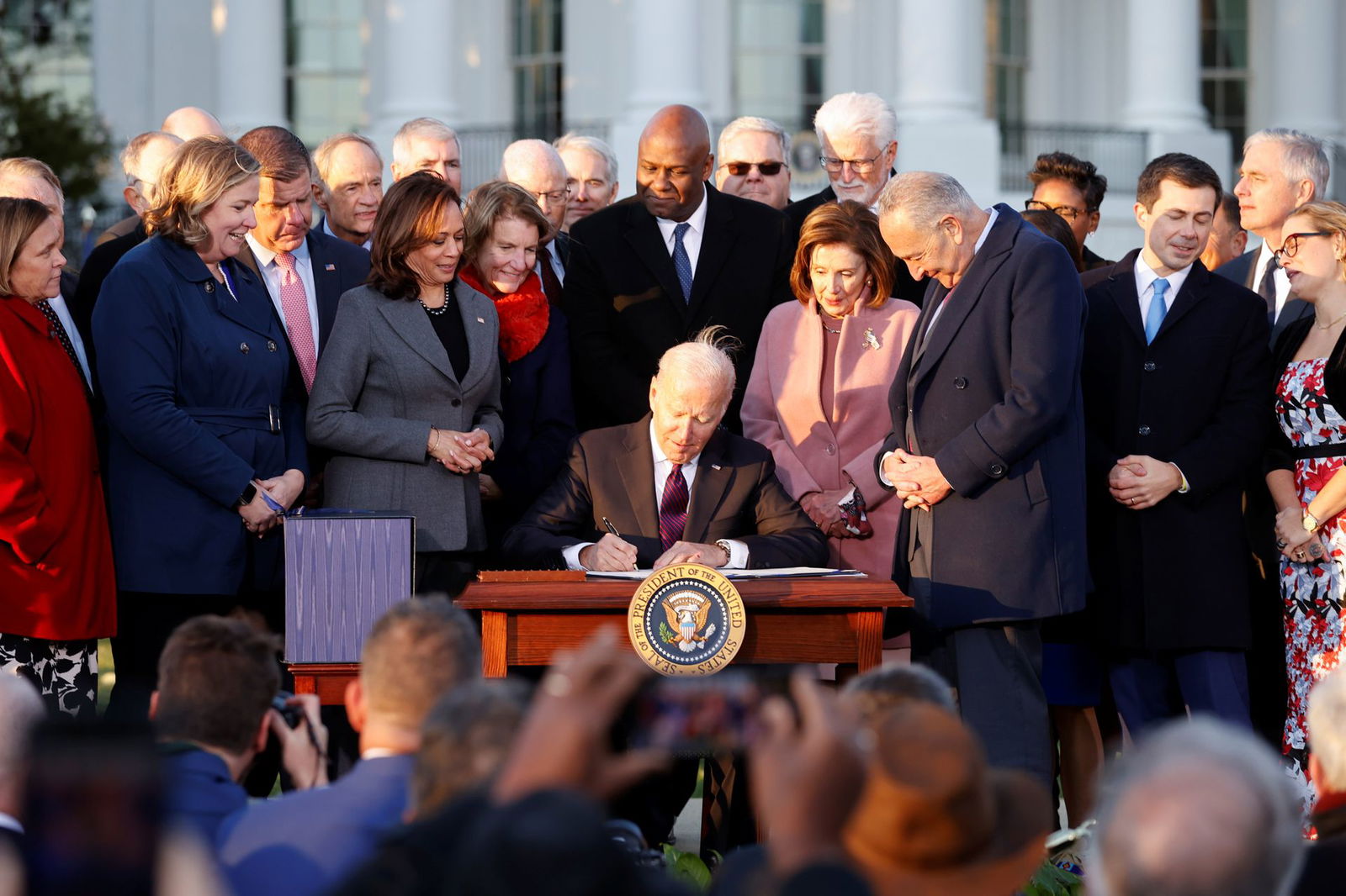 President Joe Biden signs the "Infrastructure Investment and Jobs Act," on the South Lawn at the White House in Washington, D.C., Nov. 15, 2021.