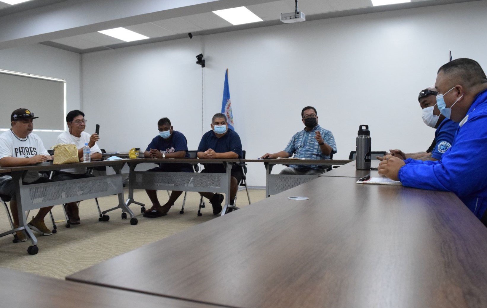 Saipan Baseball League President Jay Santos, third right, gestures as he speaks during the press briefing on Thursday last week in the Northern Marianas Sports Association conference room.