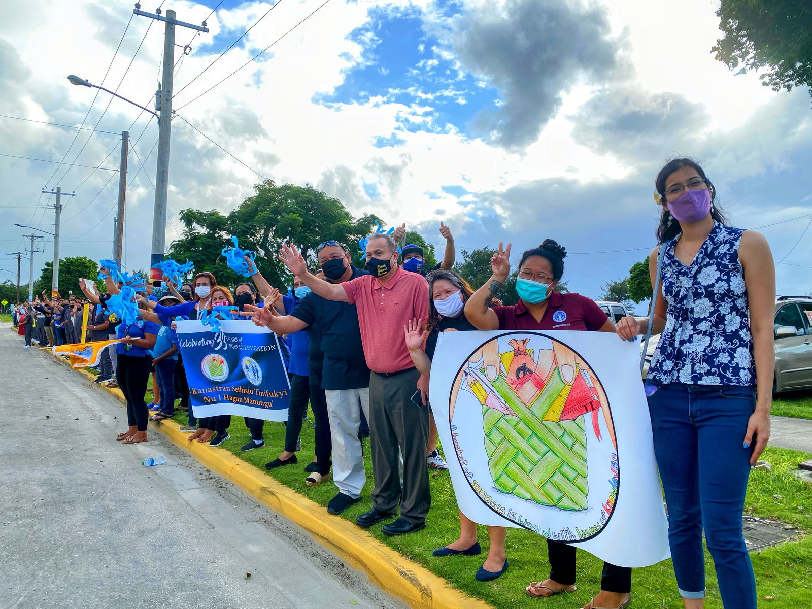 2021 Teacher of the Year Ria Nathrani, Senior Director for Accountability, Research and Evaluation, Board of Education staffer Jocelyn Saures, BOE Chairman Andrew L. Orsini, acting Commissioner of Education Eric Magofna with school and central office employees.