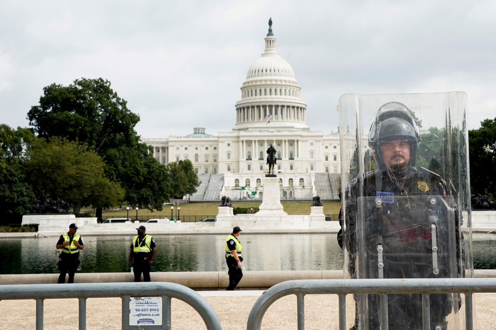 A riot police officer stands guard during a rally in support of defendants being prosecuted in the Jan. 6 attack at the Capitol in Washington, D.C., Sept. 18, 2021.