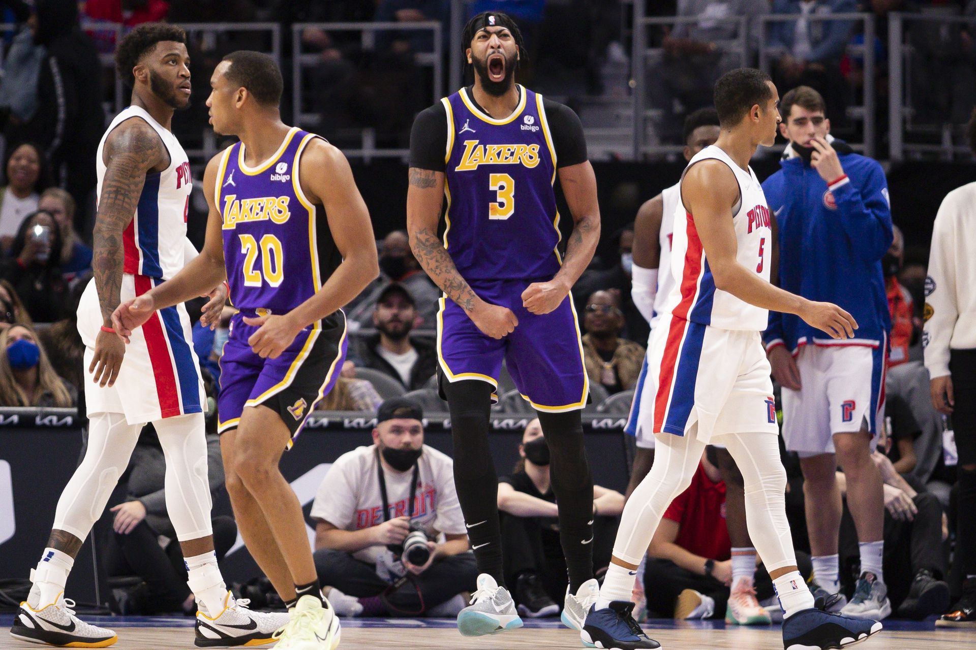 Los Angeles Lakers forward Anthony Davis (3) yells out after a play during the fourth quarter against the Detroit Pistons at Little Caesars Arena in Detroit, Michigan.