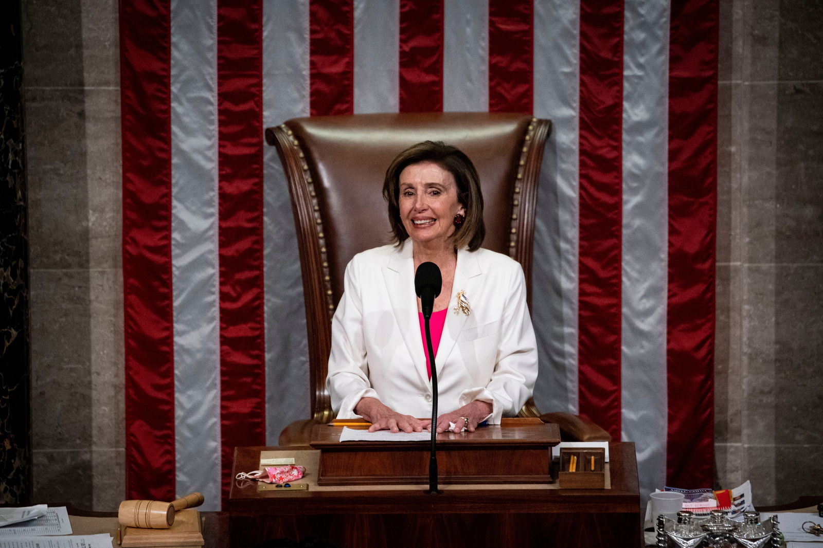 Speaker of the House Nancy Pelosi presides over the final vote as the Build Back Better Act passes, on the House floor in the U.S. Capitol, in Washington, D.C., Nov. 19, 2021.