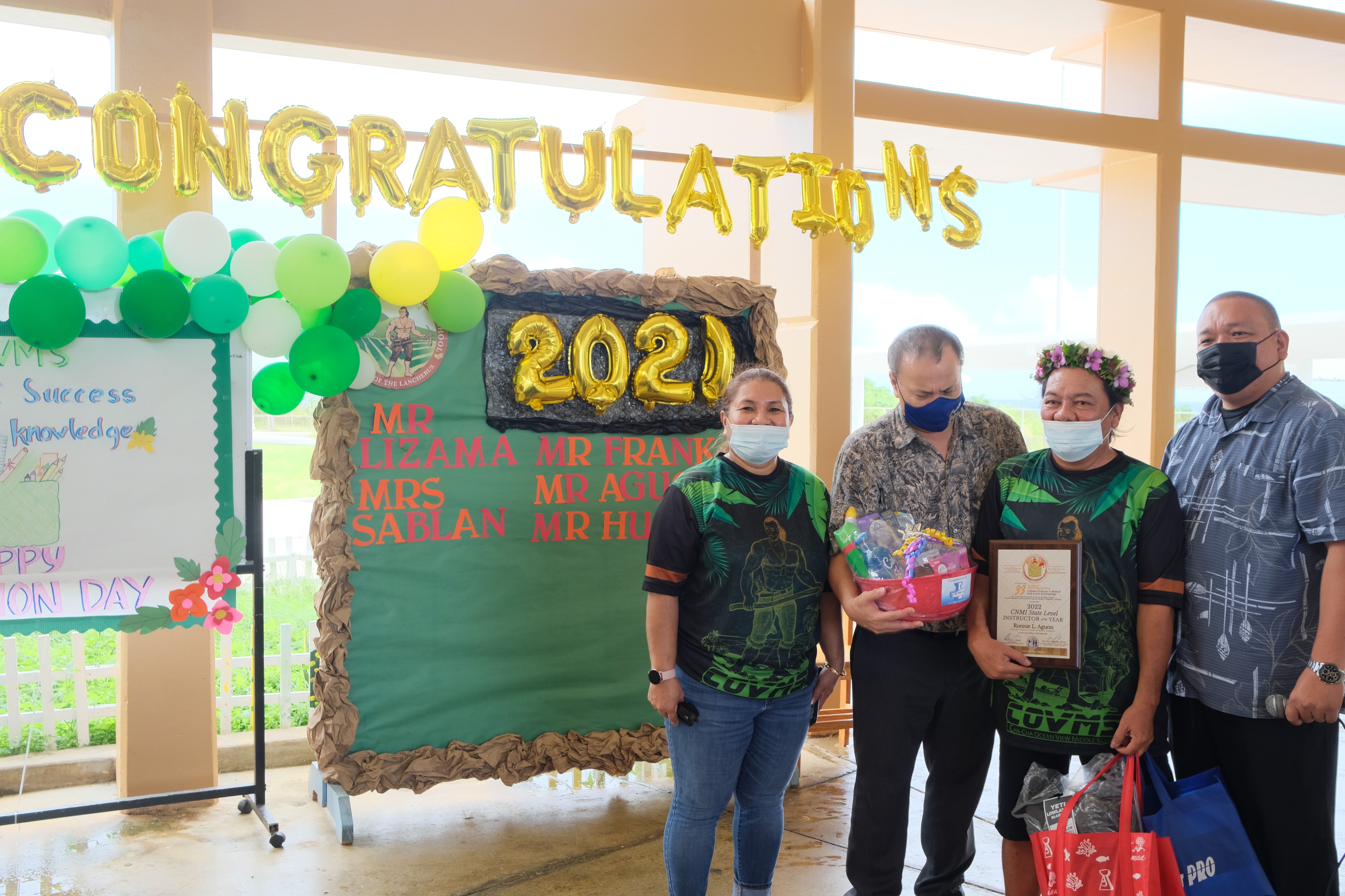 Chacha Oceanview Middle School’s Ronnie L. Aguon is the 2022 CNMI PSS State Instructor of the Year Award. With him in the photo are Chacha principal Martha Kintol, acting Education Commissioner Eric Magofna and Board of Education Chairman Andrew L. Orsini.