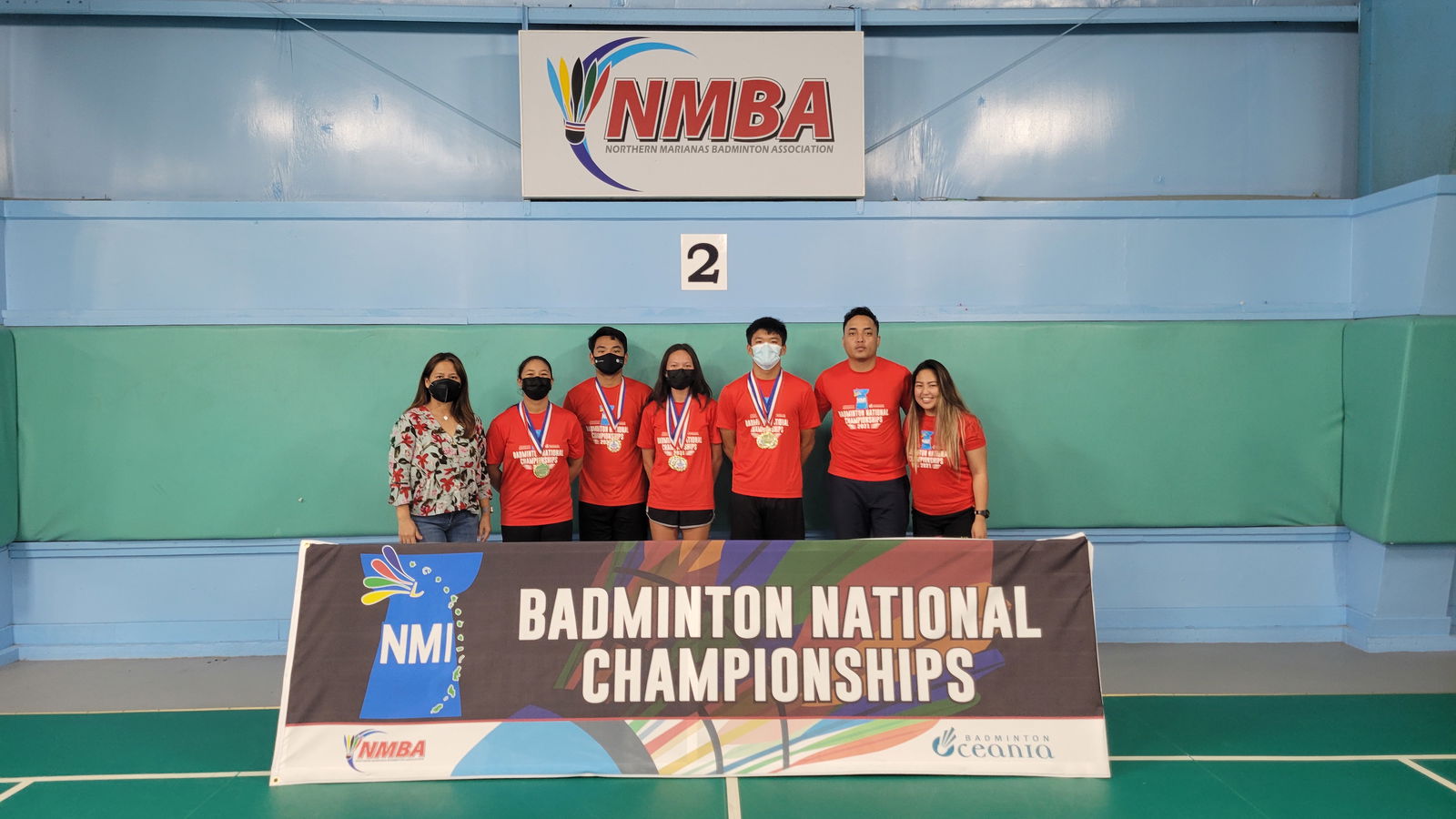 From left, Northern Marianas Badminton Association president Merlie Tolentino, U19 Division winners Sophia Quintos, Daniel Pablo, Khristelle Itaas, Taka Borja, NMBA vice president Nate Guerrero, and director Janelle Pangilinan pose for a photo during the awards ceremony last week at the TSL Sports Complex.