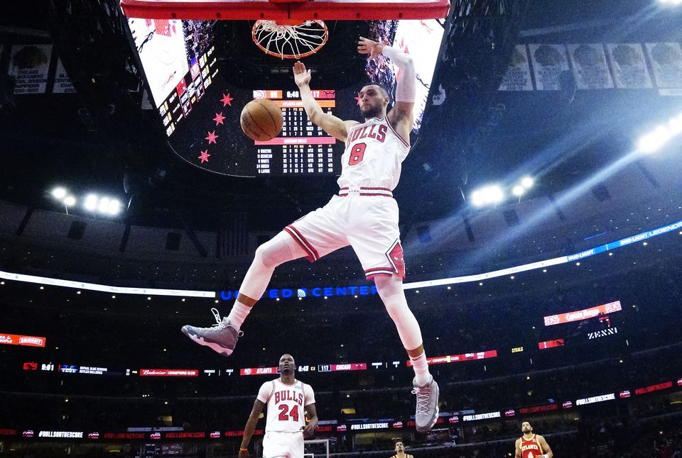 Chicago Bulls guard Zach LaVine (8) dunks the ball against the Atlanta Hawks during the second half at United Center in Chicago, Illinois on Dec. 29, 2021.
