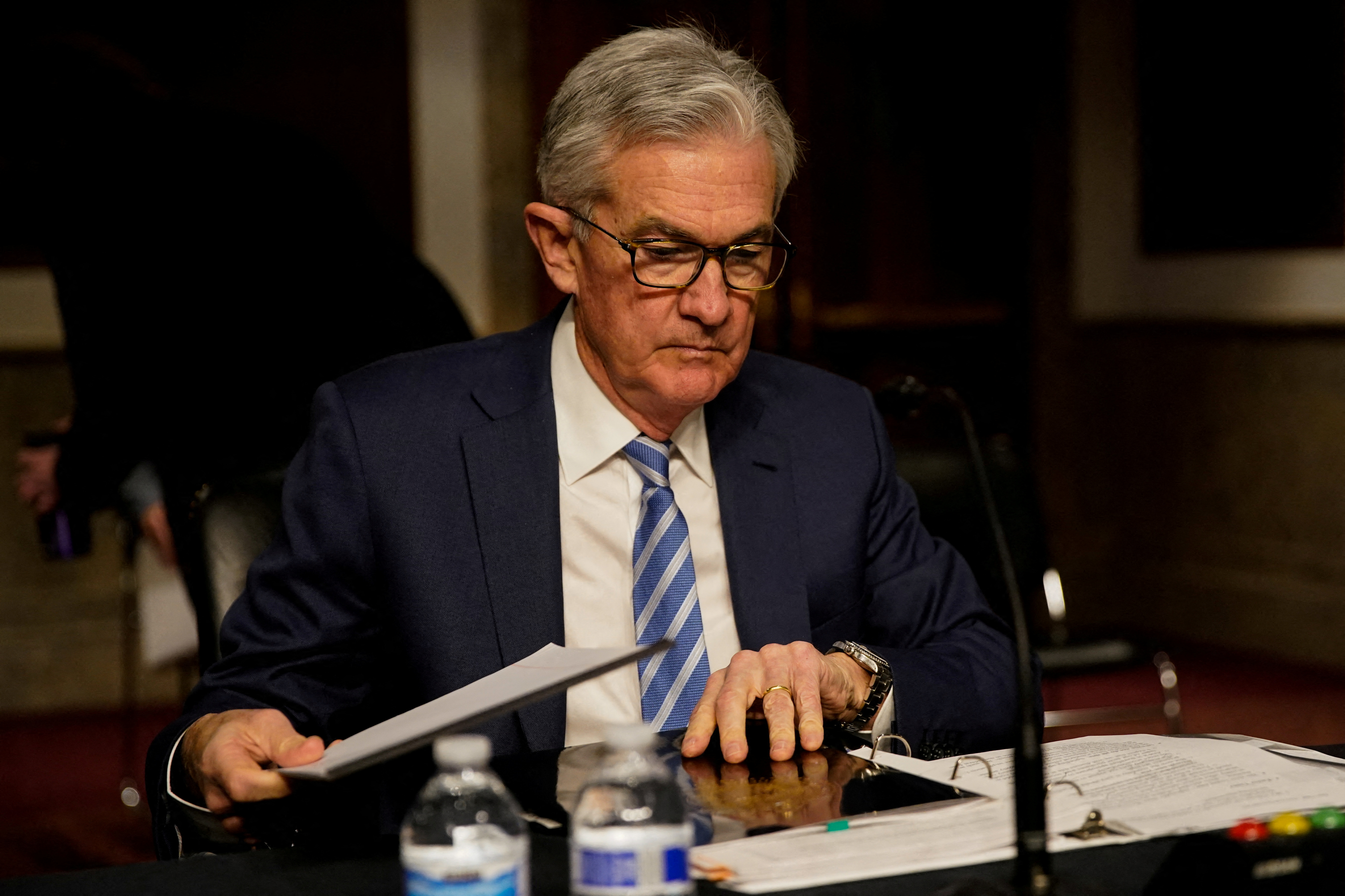 Federal Reserve Chair Jerome Powell prepares to testify before a Senate Banking Committee hybrid hearing on oversight of the Treasury Department and the Federal Reserve on Capitol Hill in Washington, D.C., Nov. 30, 2021.