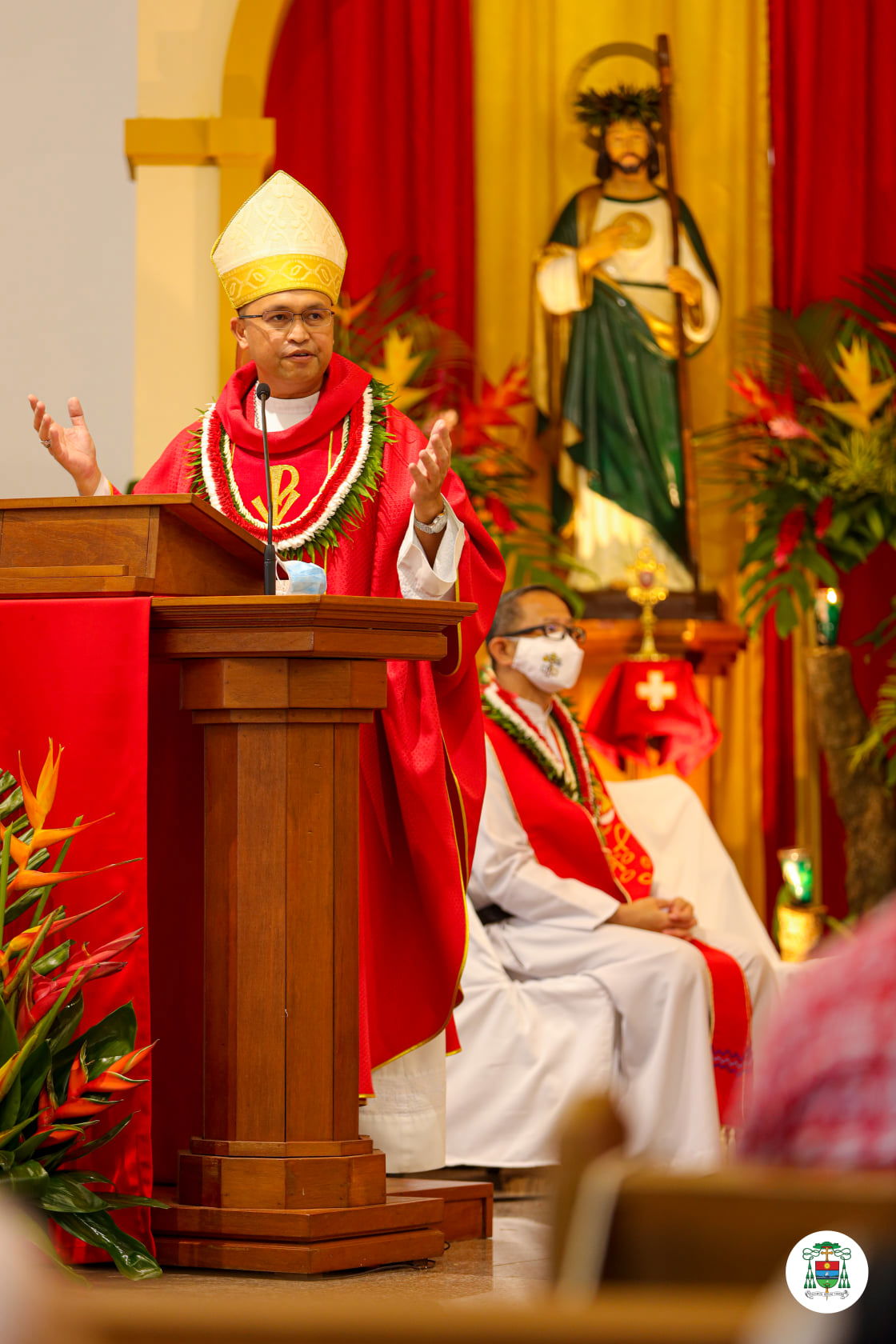 Diocese of Chalan Kanoa Bishop Ryan Jimenez addresses parishioners during a Mass to celebrate the feast day of St. Jude Thaddeus in October 2021.