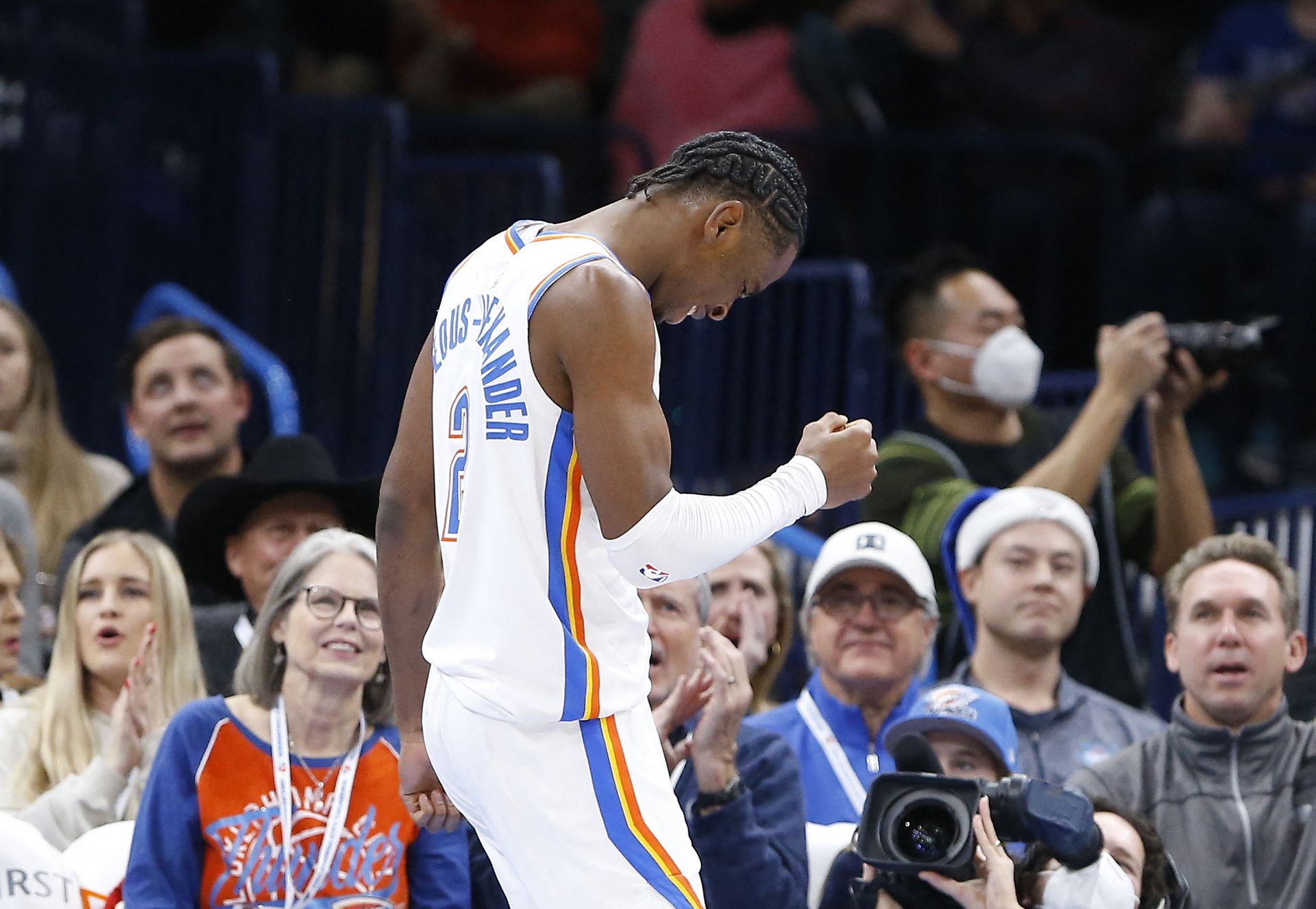 Oklahoma City Thunder guard Shai Gilgeous-Alexander (2) react after scoring against the Denver Nuggets during the second quarter at Paycom Center in Oklahoma City, Dec. 22, 2021.