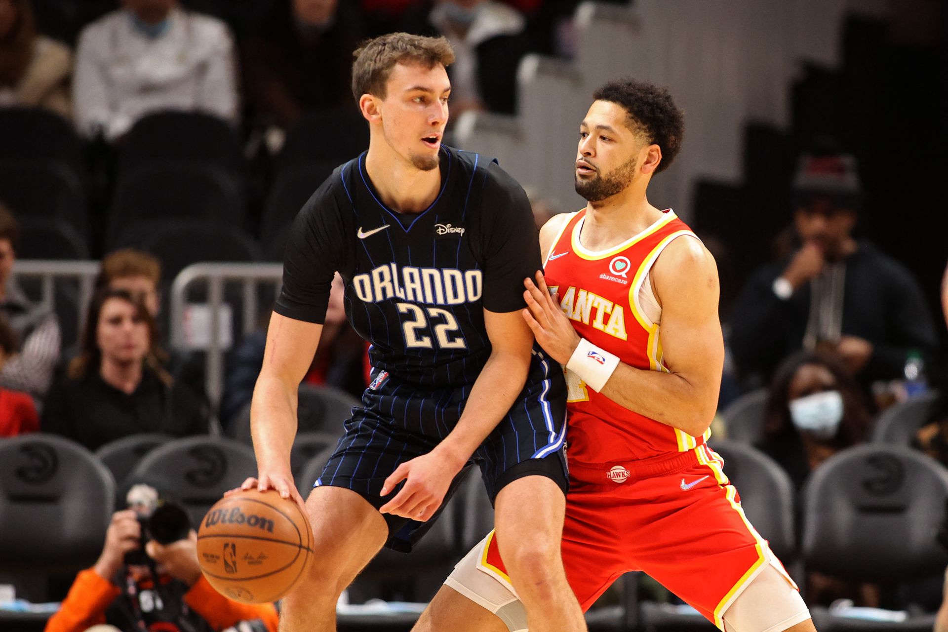 Orlando Magic forward Franz Wagner (22) makes a move against Atlanta Hawks guard Skylar Mays (4) during the first quarter at State Farm Arena in Atlanta, Georgia, Dec. 22, 2021.