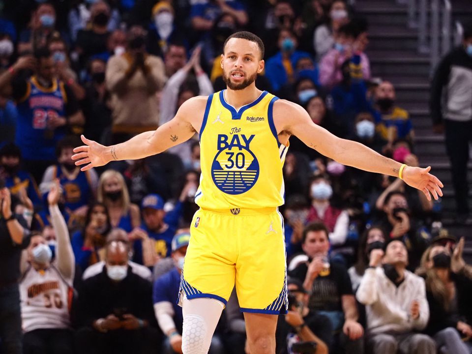Golden State Warriors guard Stephen Curry (30) returns to defense after scoring a three point basket against the Sacramento Kings during the fourth quarter at Chase Center in San Francisco, California, Dec. 20, 2021.