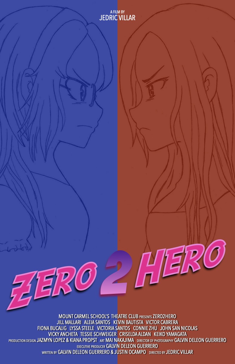 Poster art for "Zero2Hero," the latest film by the Mount Carmel School Theatre Club, which will premiere for free on YouTube on Christmas Eve. The poster features art drawn by 2011 AlumKnight, Mai Nakajima, who also created the animation for the first film, "Zero to Hero."