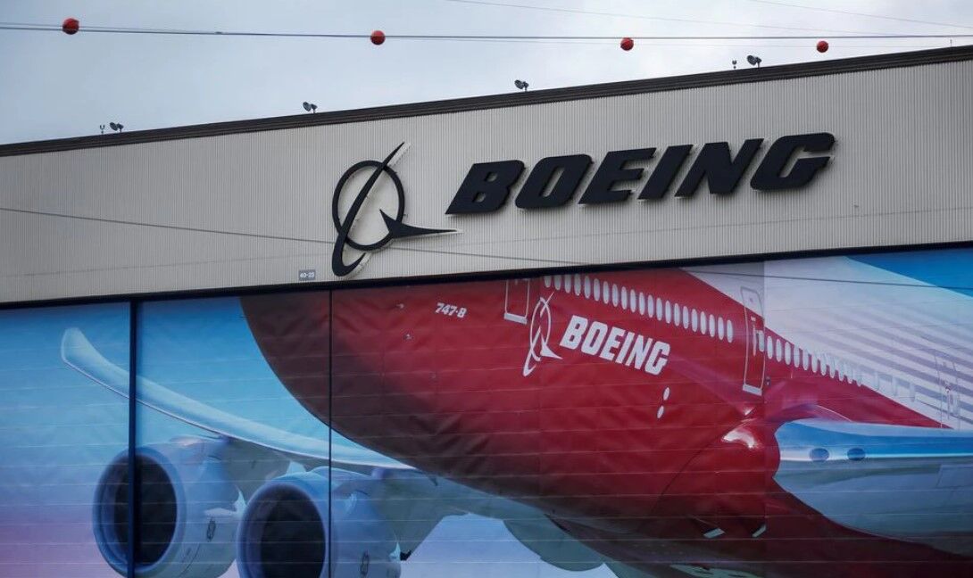 A Boeing logo is seen at the company's facility in Everett after it was announced that their 777X model will make its first test flight later in the week in Everett, Washington, Jan. 21, 2020.