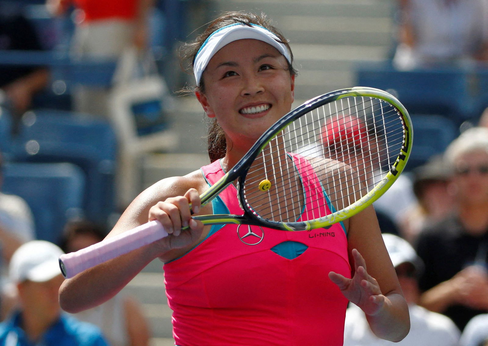 Peng Shuai of China reacts after her victory over Belinda Bencic of Switzerland in their quarterfinals match at the 2014 U.S. Open tennis tournament in New York on Sept. 2, 2014.