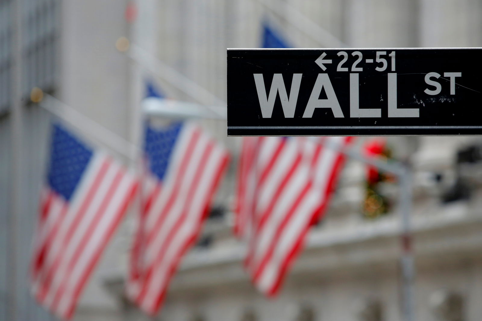 A street sign for Wall Street is seen outside the New York Stock Exchange in Manhattan, New York City on Dec. 28, 2016.