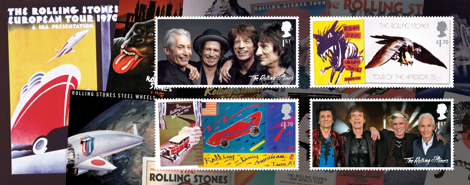 A set of four Royal Mail stamps honoring 60 years of the legendary rock group The Rolling Stones are presented in a Miniature Sheet in this undated handout image.