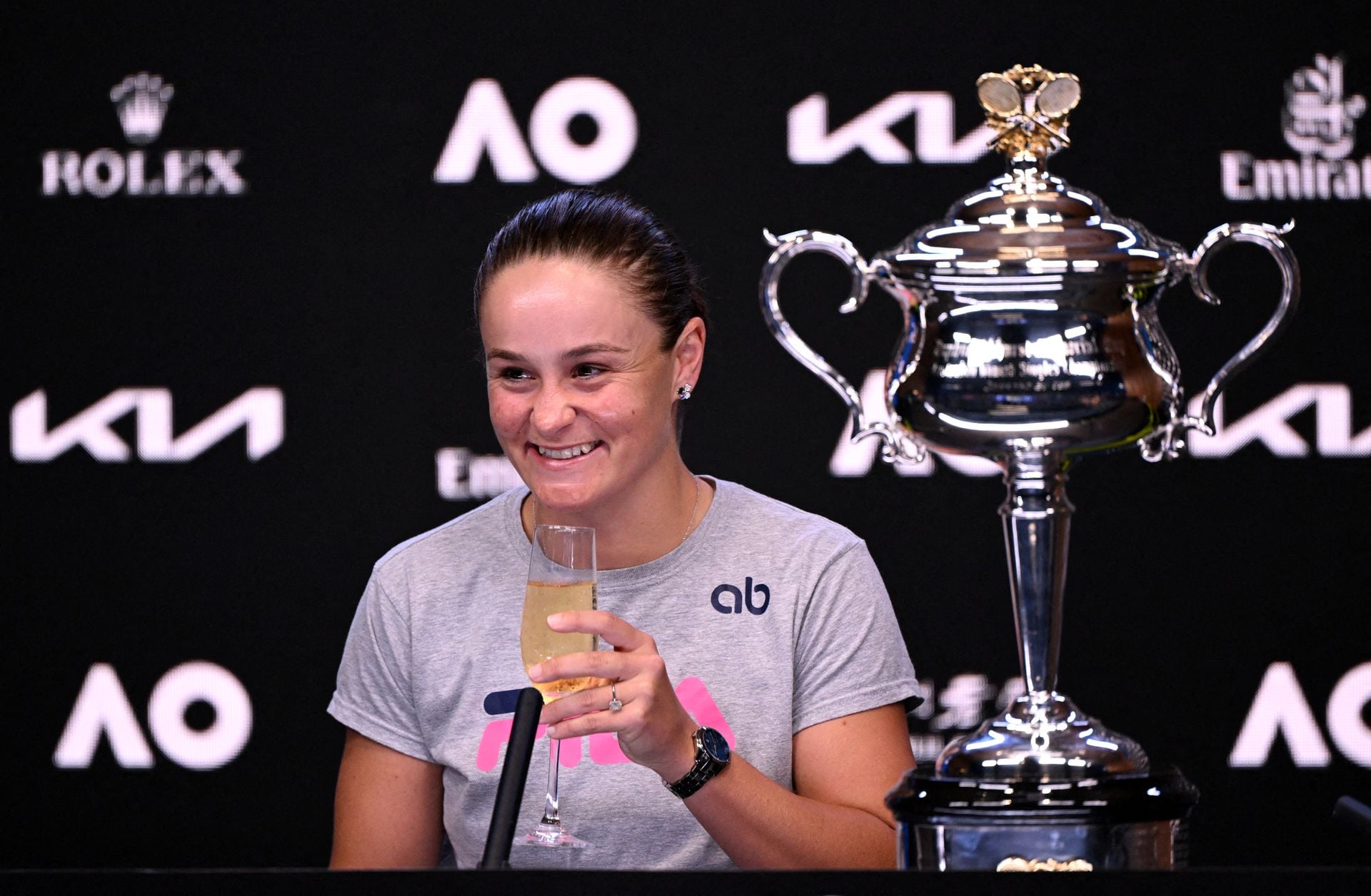 Australia's Ashleigh Barty smiles during the press conference after winning the Australian final against Danielle Collins of the U.S. on Jan. 29, 2022 