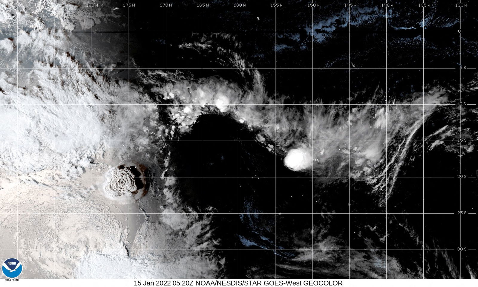 A white plume rises over Tonga when the underwater volcano Hunga Tonga-Hunga Ha'apai erupted, in this still image obtained from an animated GIF from the Cooperative Institute for Research in the Atmosphere and NOAA, Jan. 15, 2021.