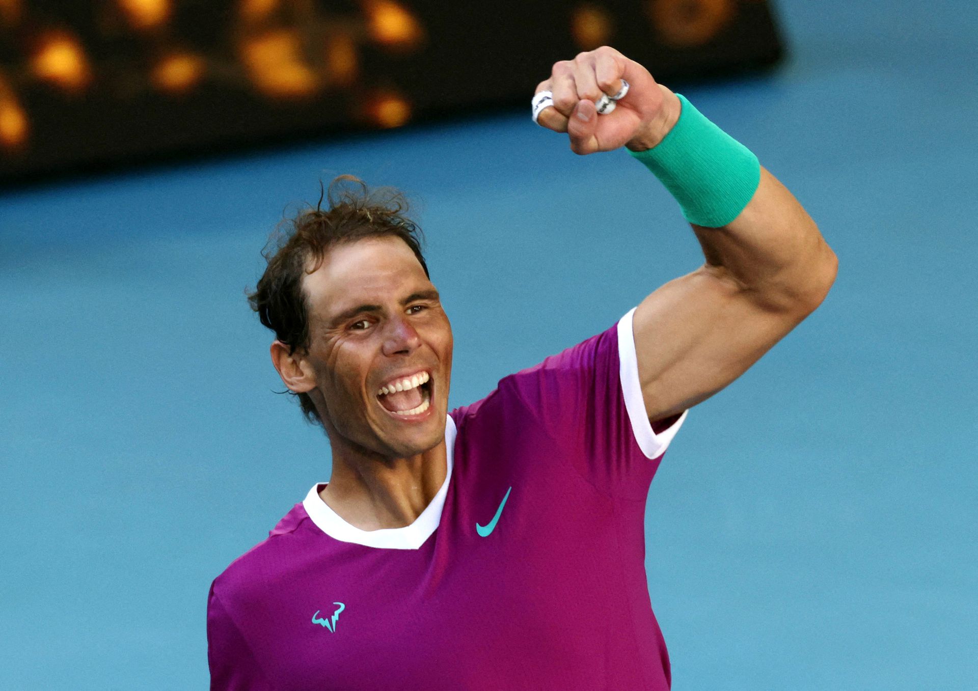 Spain's Rafael Nadal celebrates winning his quarter-final match against Canada's Denis Shapovalov at the Australian Open  on Jan. 25, 2022.