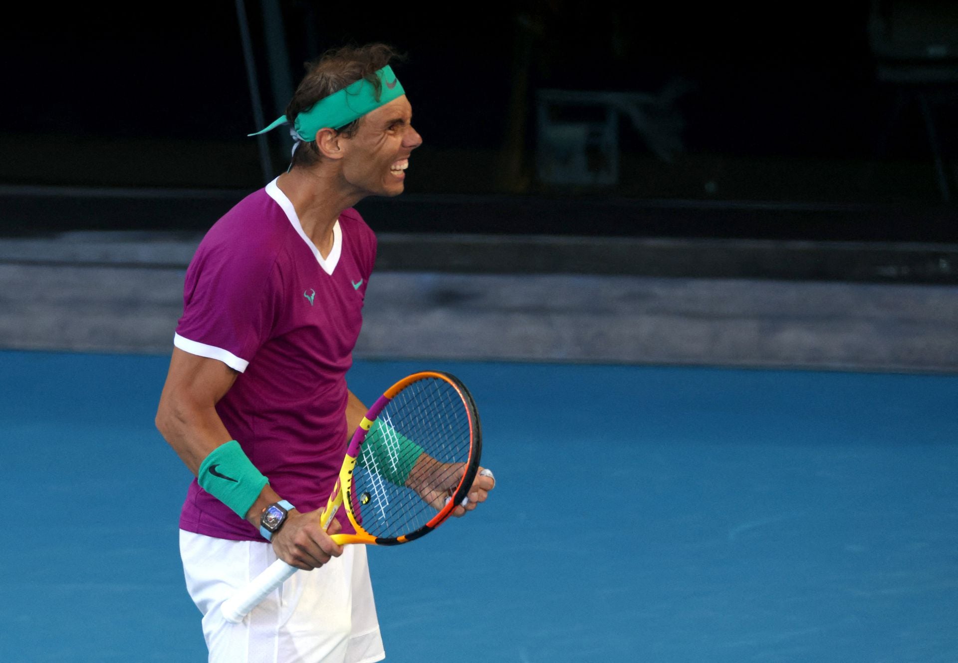 Spain's Rafael Nadal celebrates winning his quarter-final match against Canada's Denis Shapovalov at the Australian Open Tuesday.