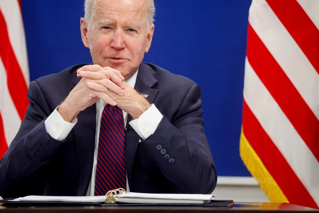 President Joe Biden holds a virtual meeting with the President's Council of Advisors on Science and Technology in the South Court Auditorium on the White House campus in Washington, D.C., Jan. 20, 2022. 