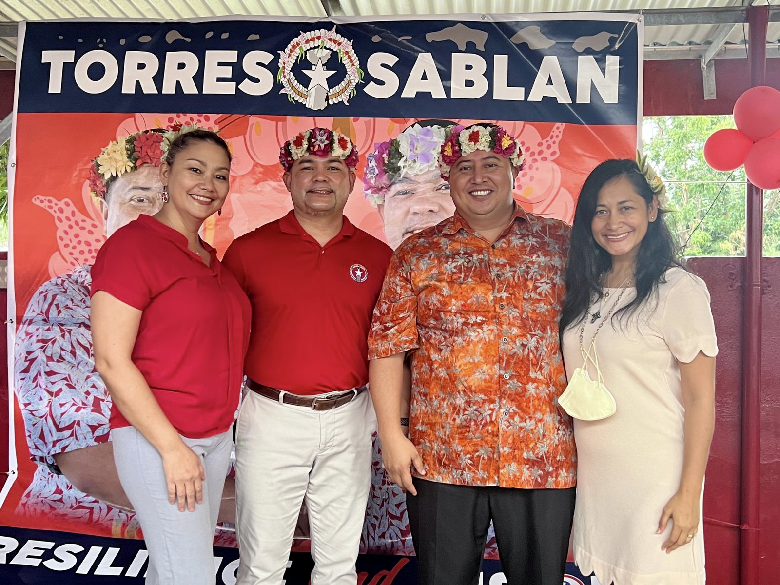 Gov. Ralph DLG Torres, 2nd right, with his running mate Senate Floor Leader Vinnie F. Sablan, 2nd left, first lady Dianne Tudela Torres, right, and the senator’s wife, Roca Quitugua Sablan, left.