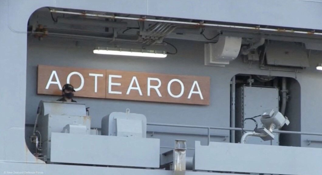 HMNZS Aotearoa departs to provide disaster relief and assistance to Tonga after a volcanic eruption and tsunami, from Auckland, New Zealand, January 18, 2022, in this still image taken from video.