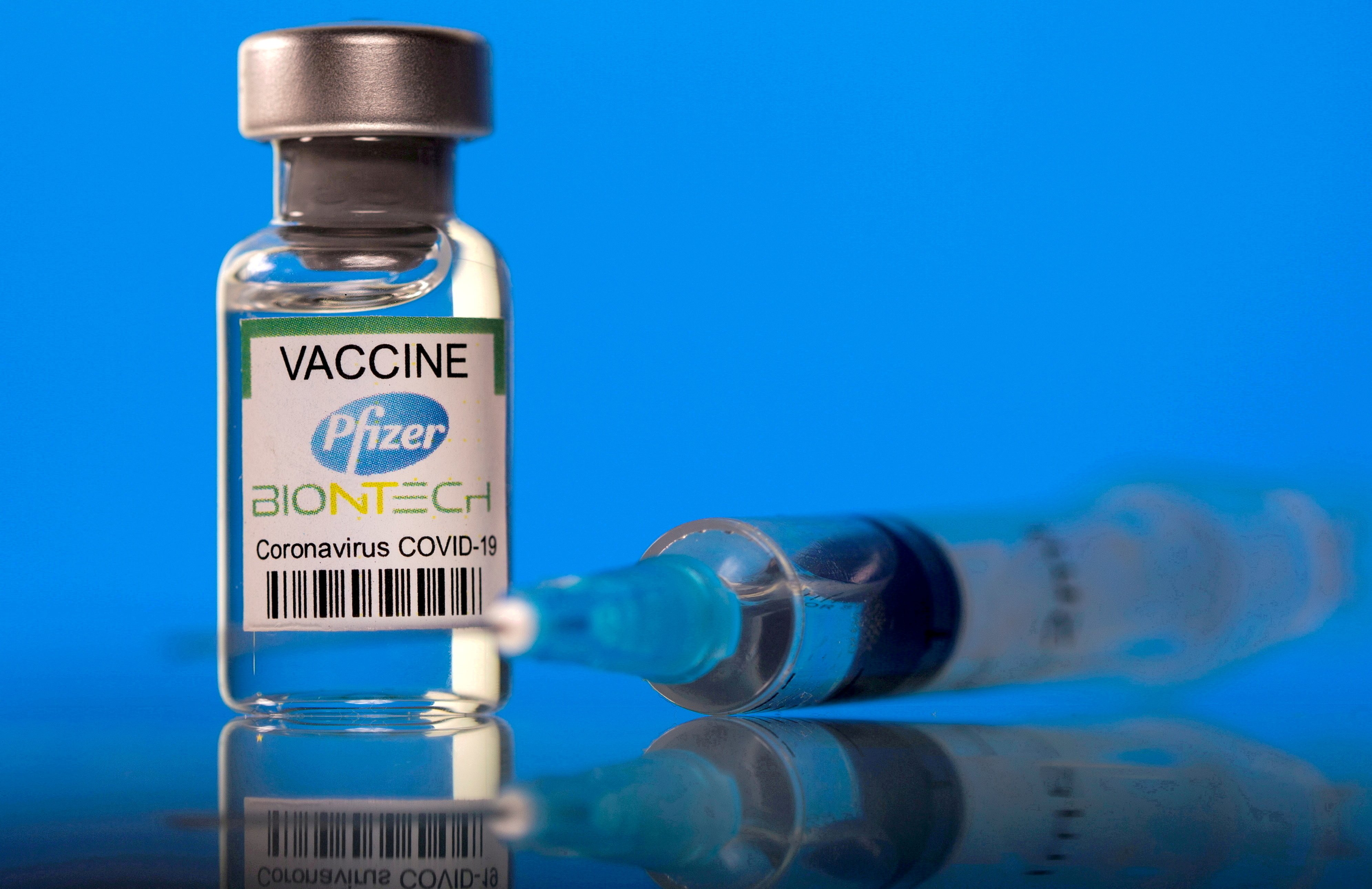 A vial labelled with the Pfizer-BioNTech coronavirus disease vaccine is seen in this illustration picture taken March 19, 2021. 