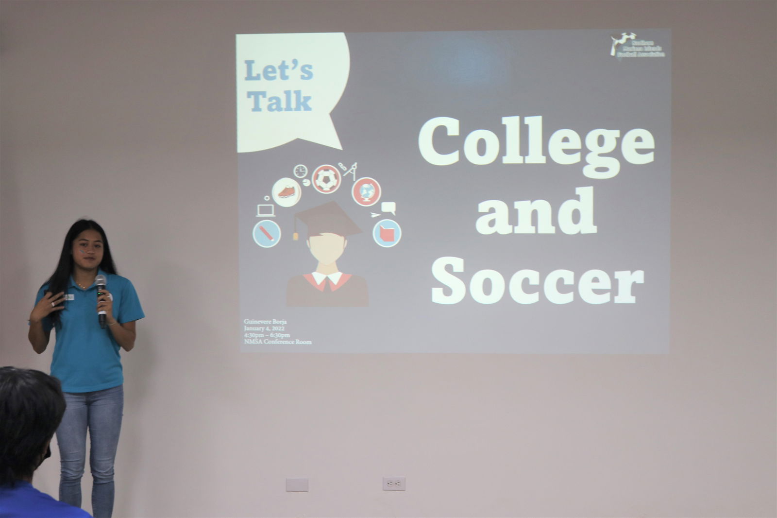 Oklahoma Panhandle State University’s Guinevere Borja answers questions from her fellow players during the Northern Mariana Islands Football Association-hosted forum, Let’s Talk: College and Soccer, held  Jan. 4 in the conference room of the Gilbert C. Ada Gymnasium.Contributed photo
