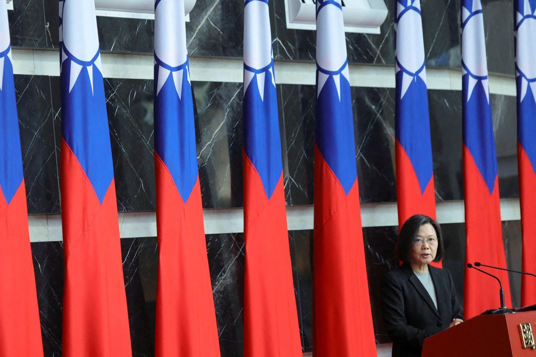 Taiwan President Tsai Ing-wen speaks at a rank conferral ceremony for military officials from the Army, Navy and Air Force, at the defense ministry in Taipei, Taiwan, Dec. 28, 2021.