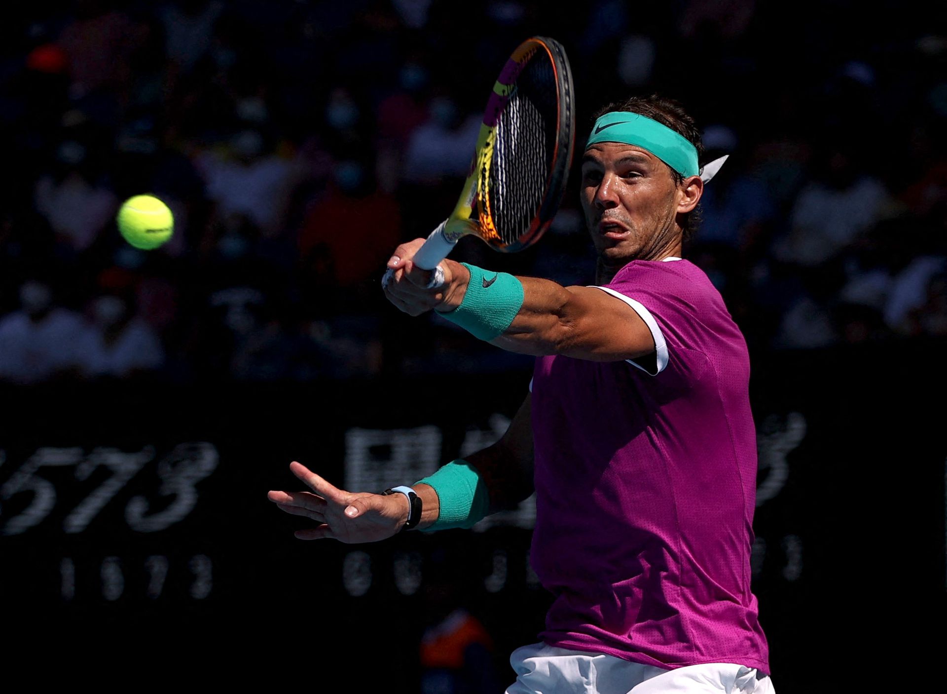 Spain's Rafael Nadal in action during his fourth round match against France's Adrian Mannarino at Melbourne Park, Melbourne, Australia, Jan. 23, 2022.