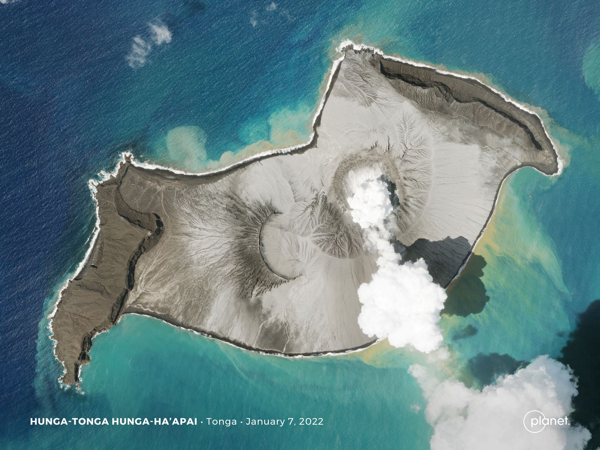 A Planet SkySat image shows a plume of smoke rising from the underwater volcano Hunga Tonga-Hunga Ha'apai days before its eruption on Jan. 15, in Hunga Tonga-Hunga Ha'apai, Tonga.