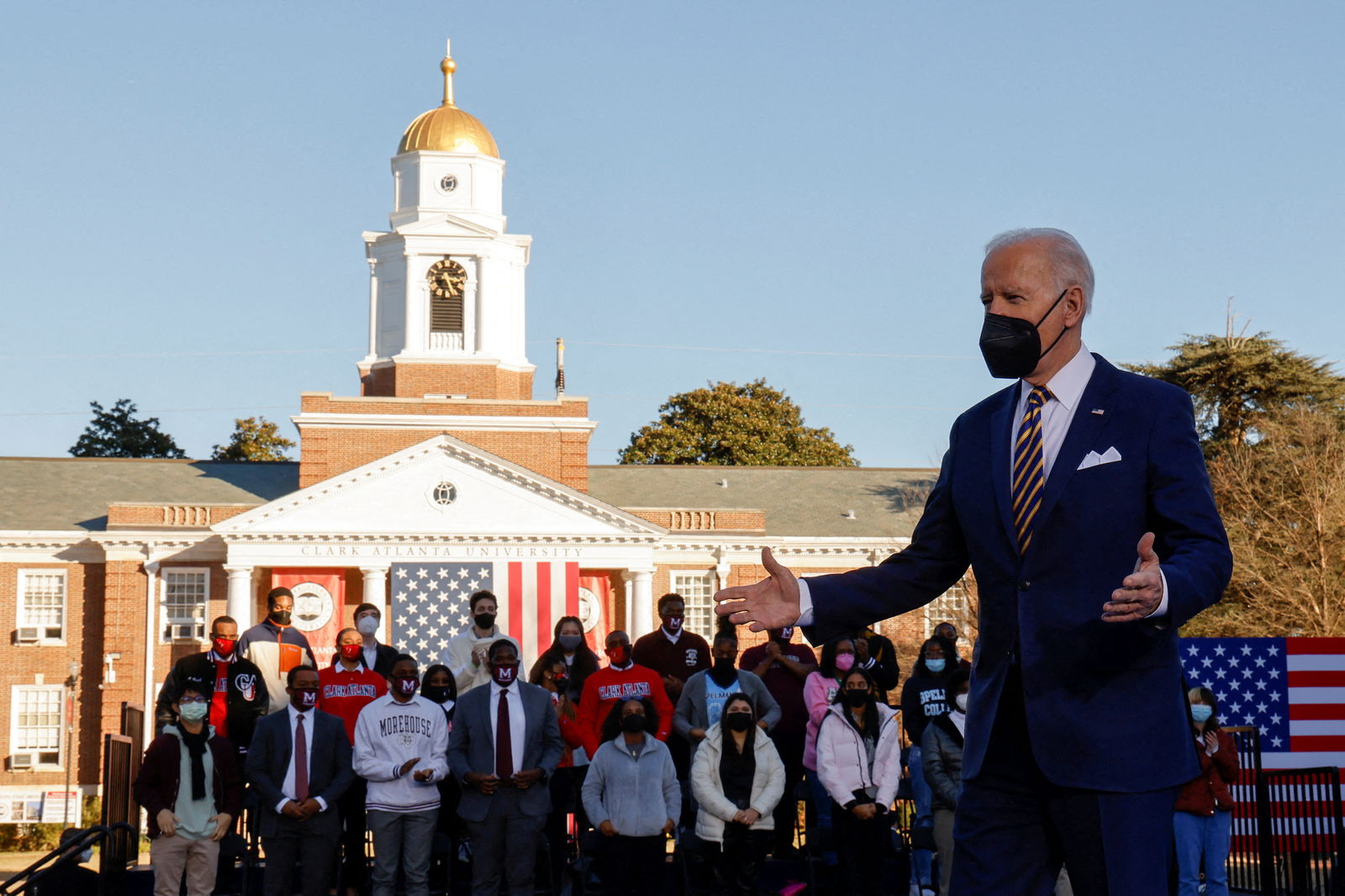 President Joe Biden arrives to deliver remarks on voting rights during a speech on the grounds of Morehouse College and Clark Atlanta University in Atlanta, Georgia, Jan. 11, 2022.
