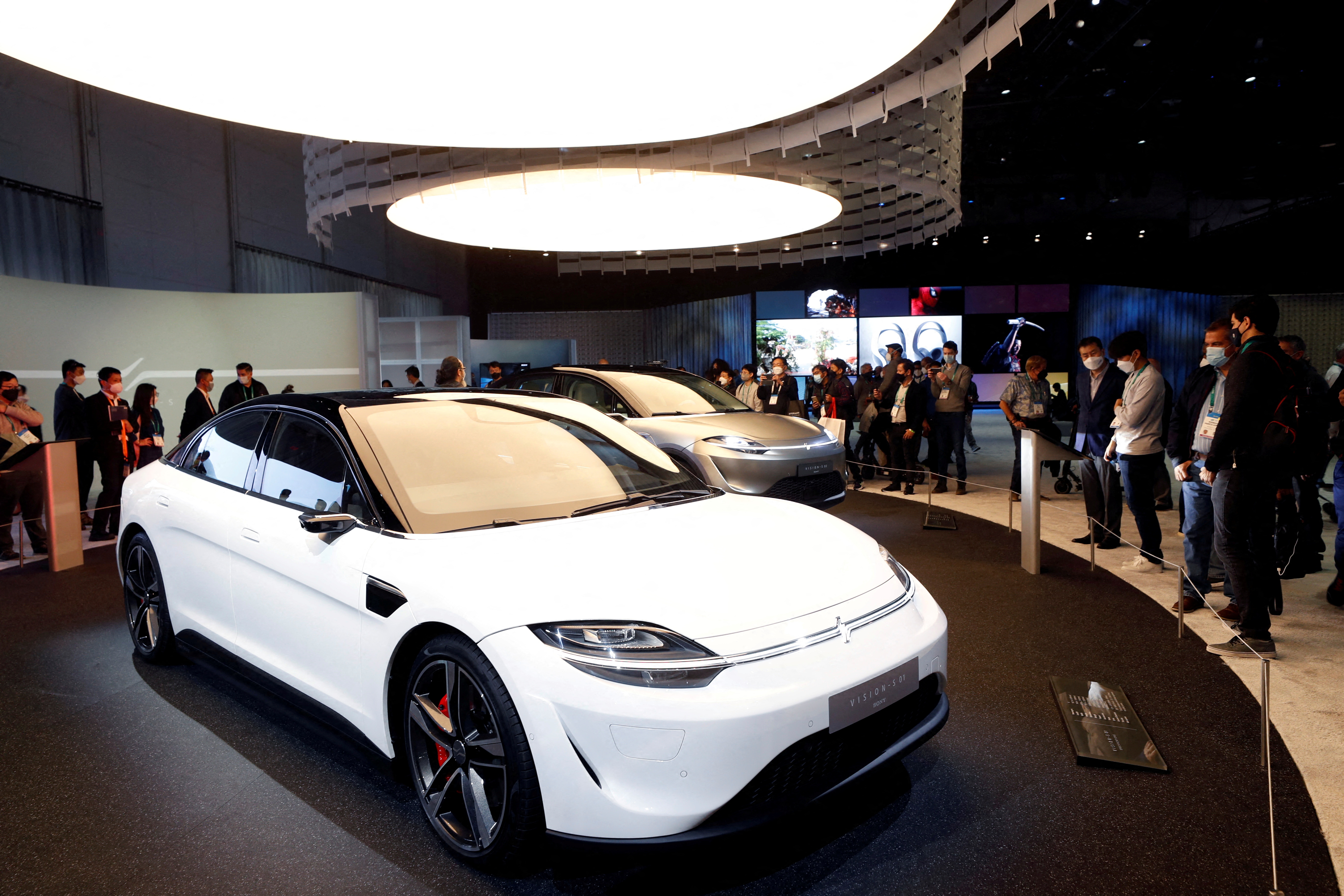 Sony Vision-S 01 and Vision-S 02 electric vehicles are displayed during CES 2022 at the Las Vegas Convention Center in Las Vegas, Nevada, Jan. 5, 2022.