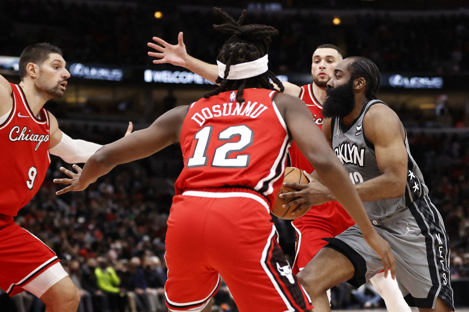 Brooklyn Nets guard James Harden (13) drives to the basket against the Chicago Bulls during the second half at United Center in Chicago, Illinois on Jan. 12, 2022.