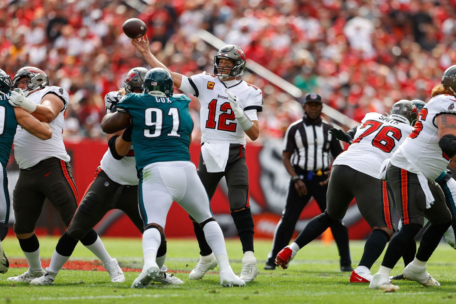 Tampa Bay Buccaneers quarterback Tom Brady (12) trows a pass in the first half against the Philadelphia Eagles in a NFC Wild Card playoff football game at Raymond James Stadium in Tampa, Florida on  Jan. 16, 2022.