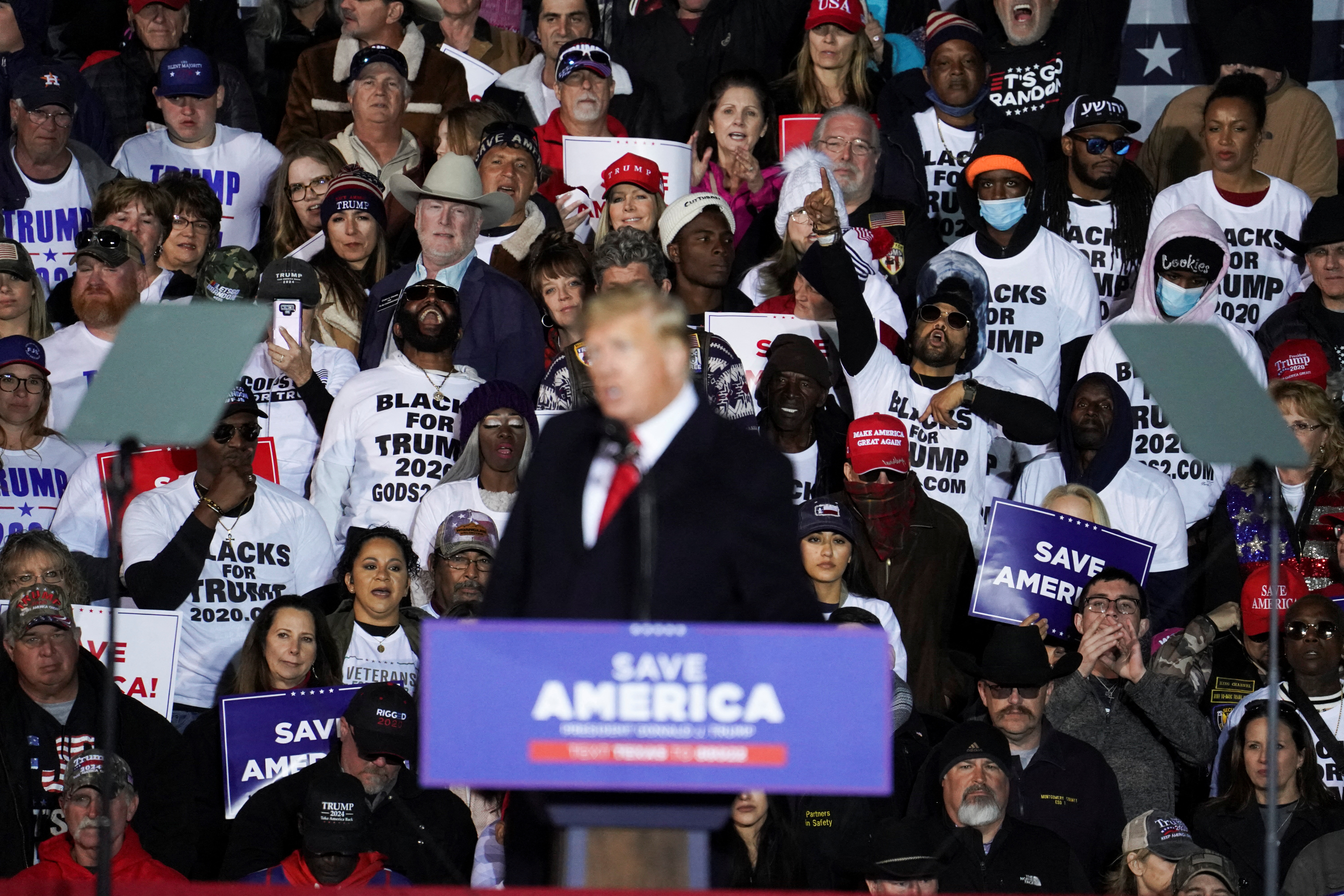 Former President Donald Trump speaks during a rally, in Conroe, Texas, Jan. 29, 2022.