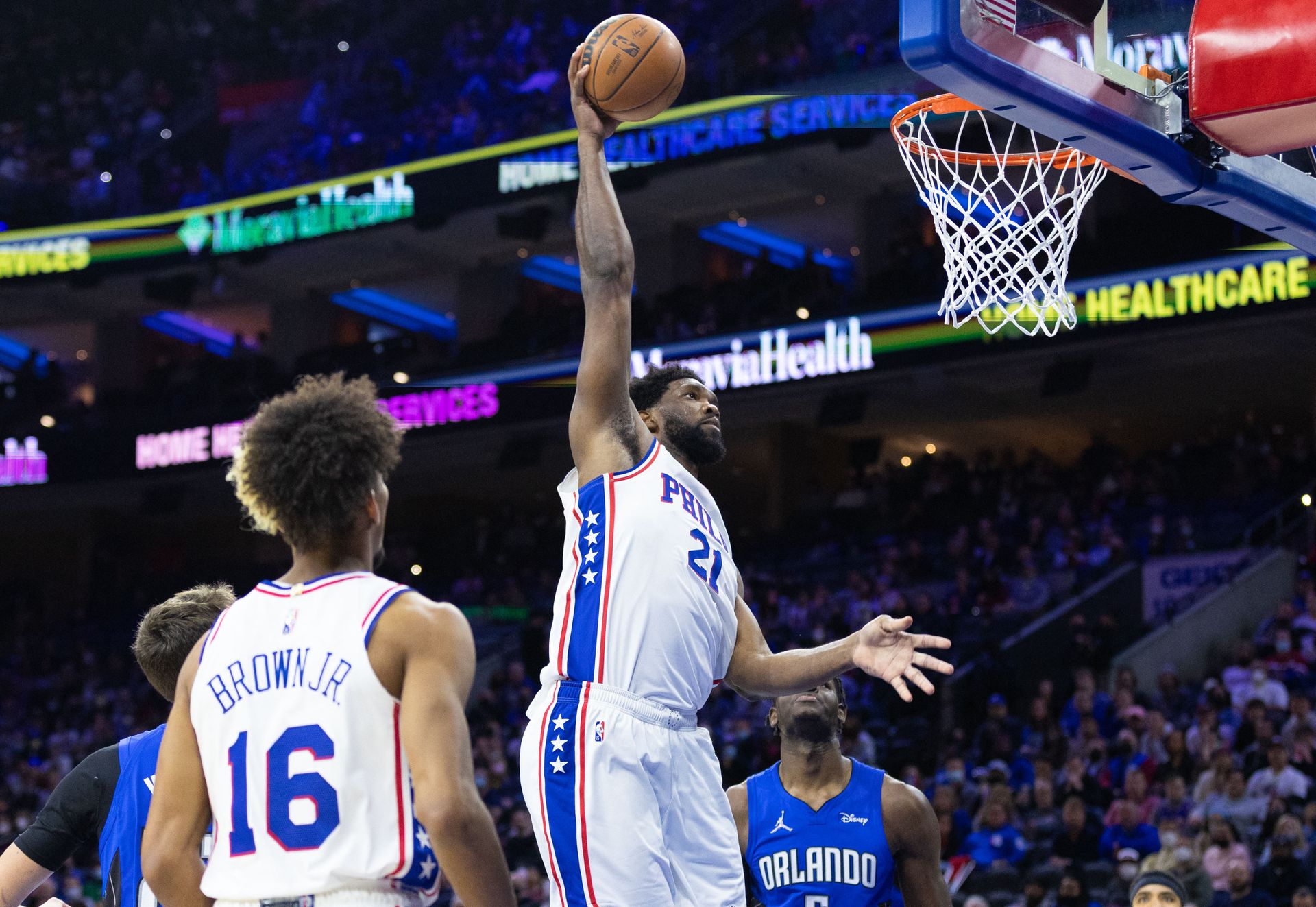 Philadelphia 76ers center Joel Embiid (21) drives for a dunk against the Orlando Magic during the second quarter at Wells Fargo Center in Philadelphia, Pennsylvania on Jan. 19, 2022.