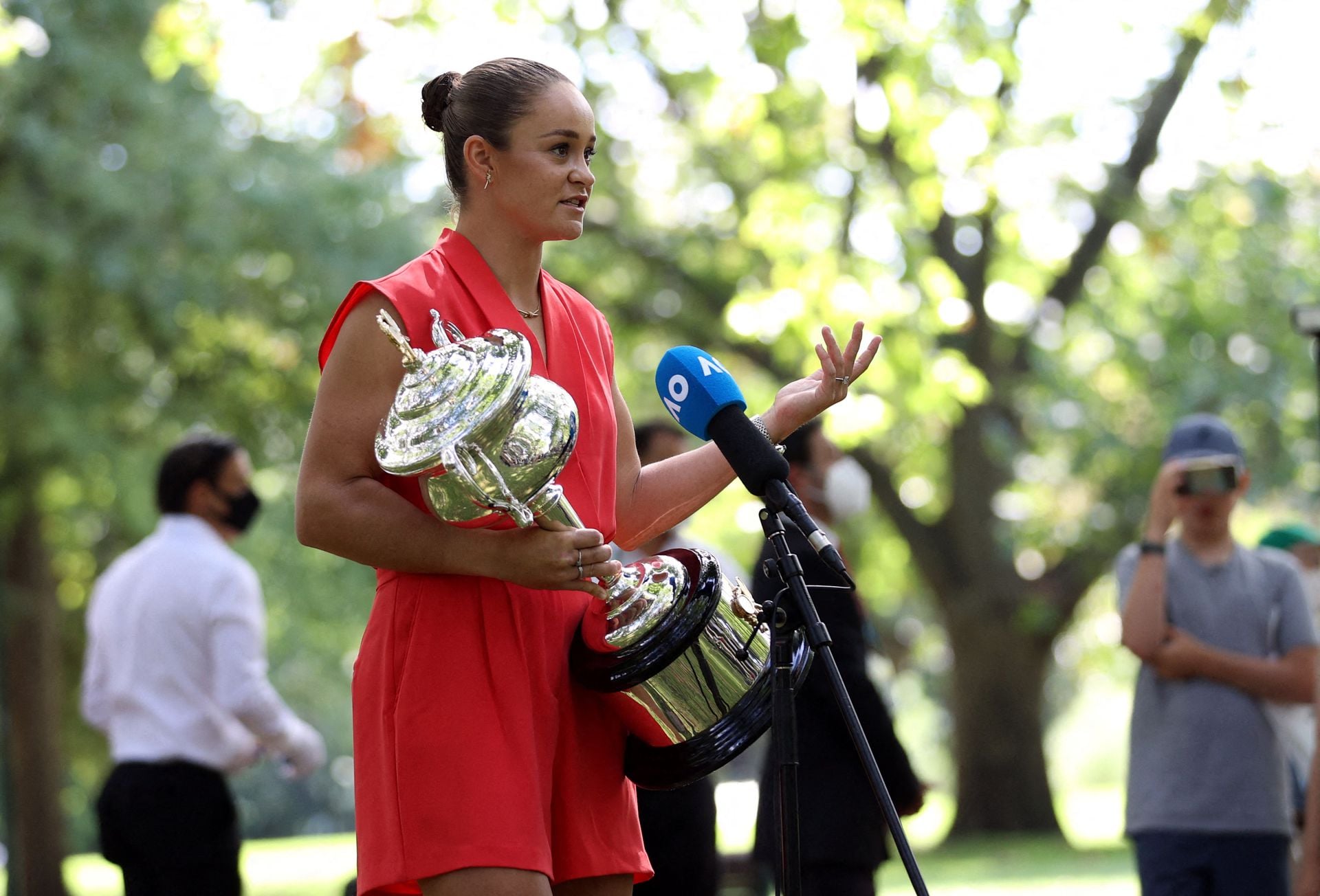 Australian Open champion Australia's Ashleigh Barty speaks to the media during a photo shoot at the Royal Exhibition Building in Melbourne on Jan. 30, 2022.