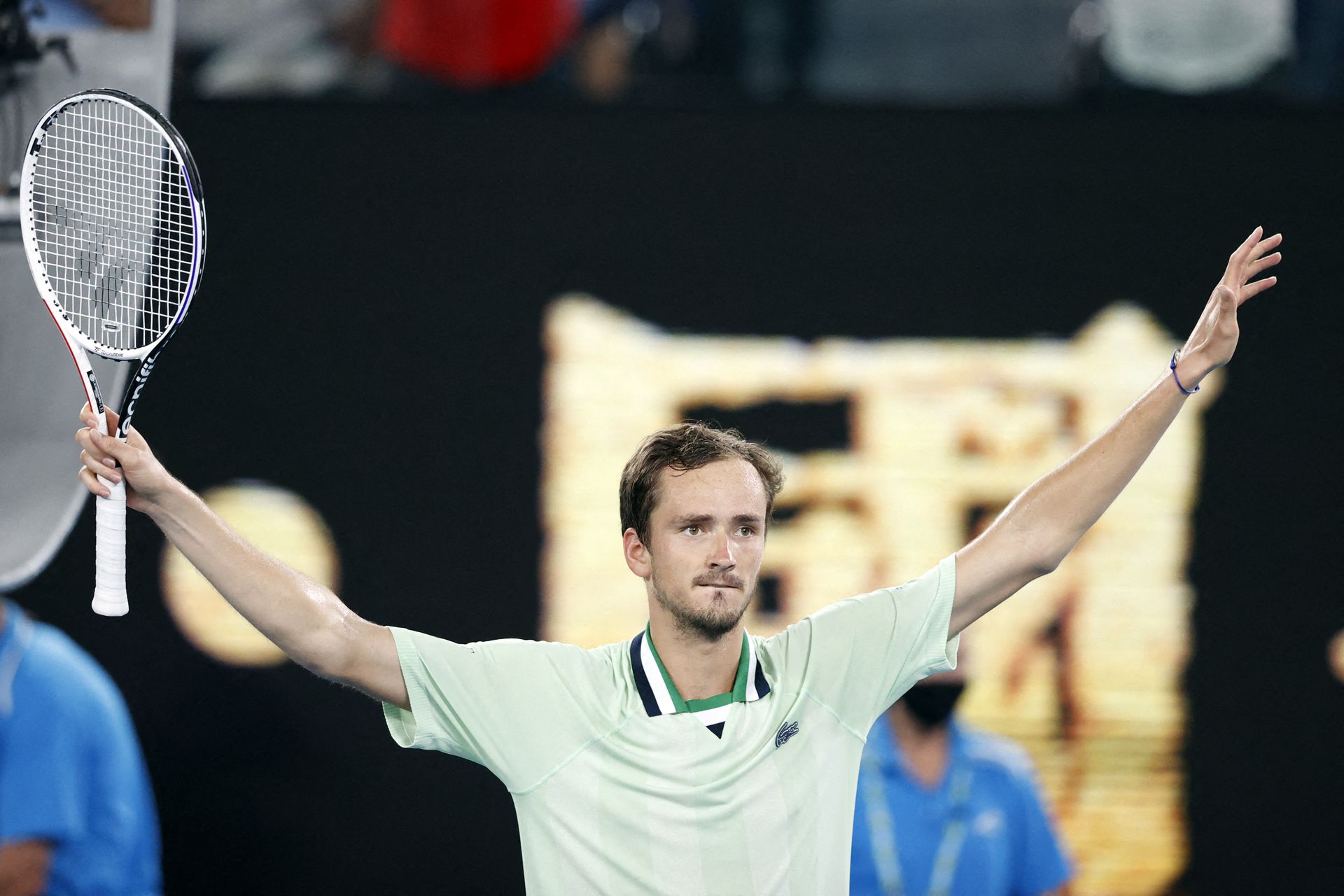 Russia's Daniil Medvedev celebrates winning his quarter-final match against Canada's Felix Auger Aliassime at the Australian Open on Jan. 27, 2022.