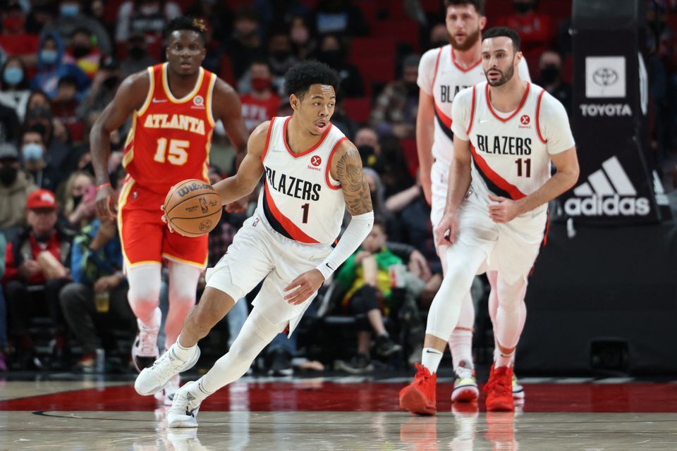 Portland Trail Blazers guard Anfernee Simons (1) brings the ball up-court against the Atlanta Hawks at Moda Center in Portland, Oregon on Jan. 3, 2022.