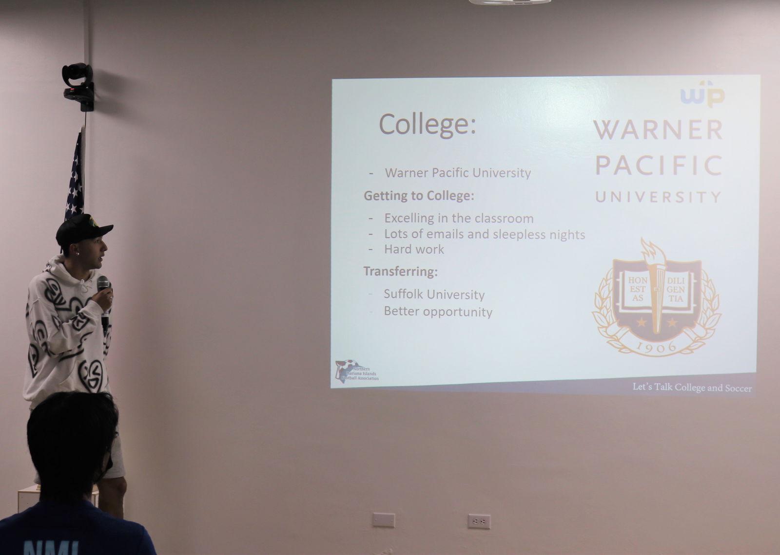 Warner Pacific University’s Sunjoon Tenorio explains how he balances academics and sports during the Northern Mariana Islands Football Association-hosted forum, Let’s Talk: College and Soccer,  Jan. 4, in the conference room of the Gilbert C. Ada Gymnasium.